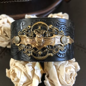 Bat bracelet leather cuff, bat gift, bat jewelry, gothic gift, Halloween, gothic cuff, leather bracelet, gothic bracelet, chunky bracelet image 1
