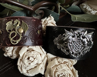 Dragon bracelet leather cuff, dragon  gifts, dragon jewelry, gothic gift, gothic cuff,leather bracelet,gothic bracelet,chunky bracelet