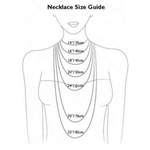 May include: A diagram showing different necklace lengths in inches and centimeters. The lengths are 14 inches (35 cm), 16 inches (40 cm), 18 inches (45 cm), 20 inches (50 cm), 24 inches (61 cm), 30 inches (76 cm), and 33 inches (83 cm).