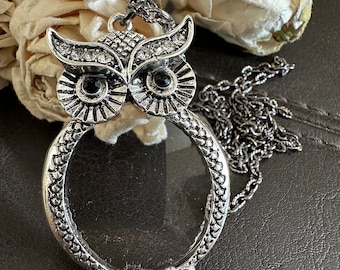 Owl Magnifying Glass Necklace, Silver Tone Pendant, Reading Aid Jewelry