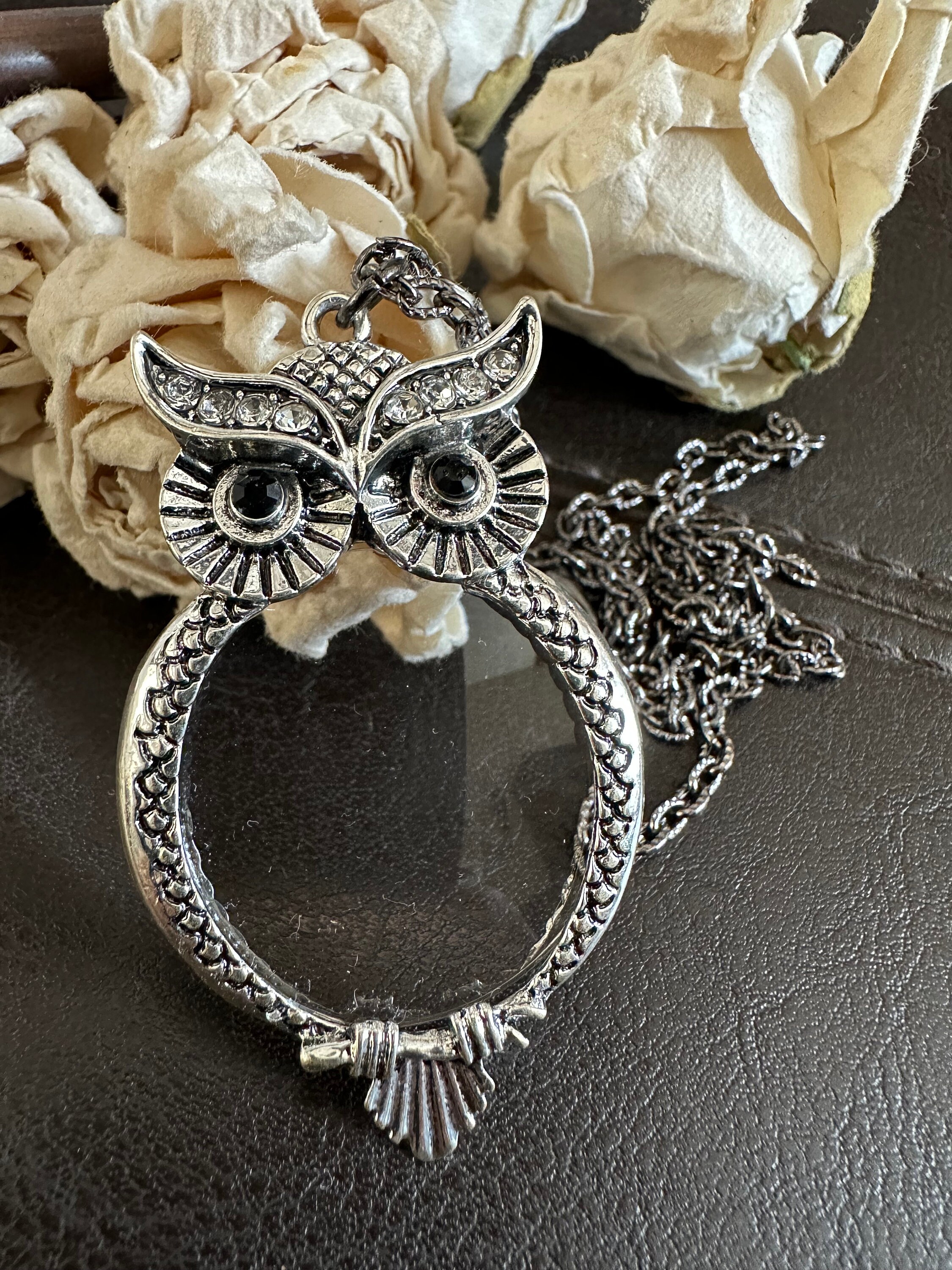 Owl Magnifying Glass Necklace, Silver Tone Pendant, Reading Aid Jewelry