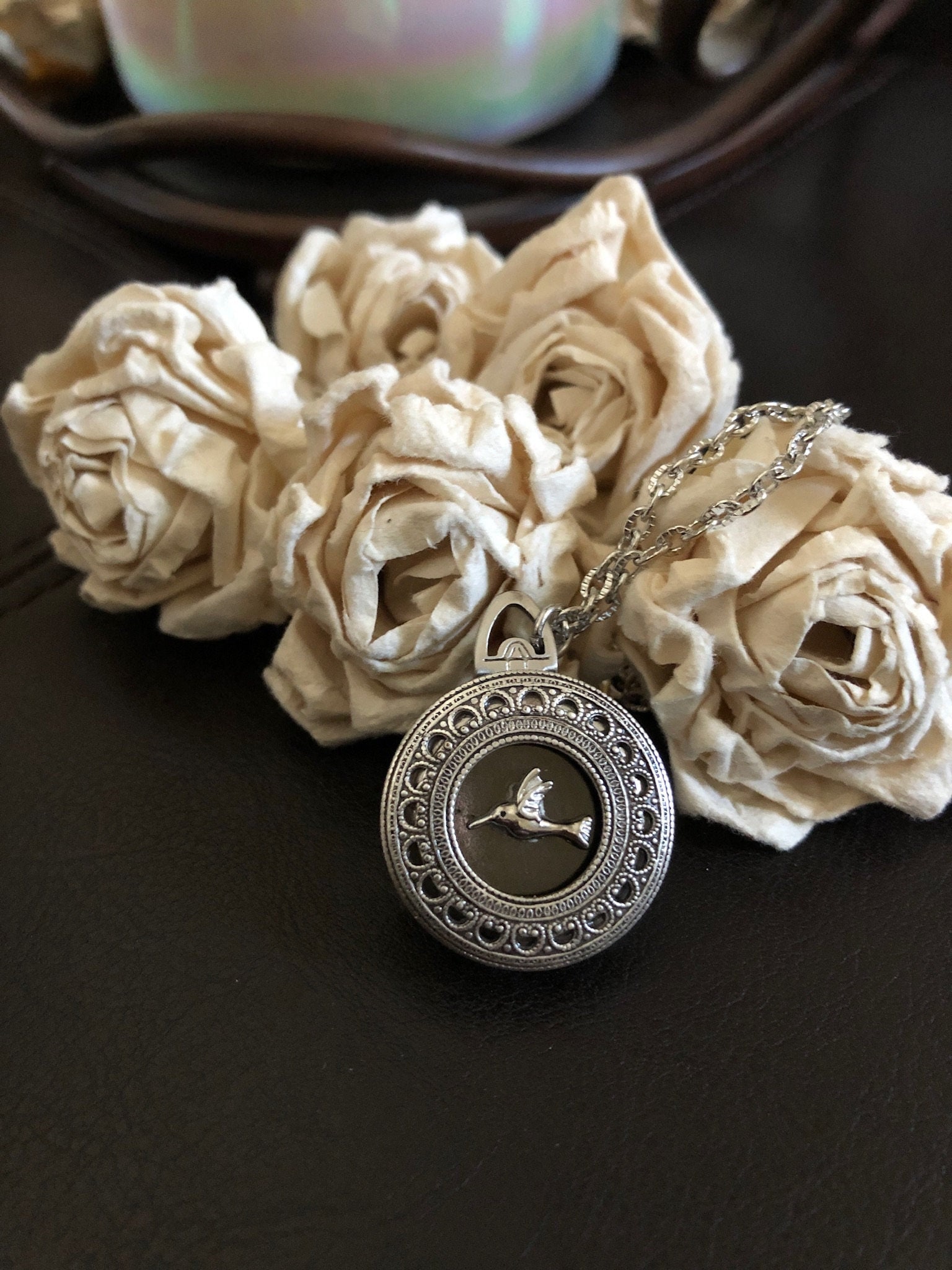 Hummingbird Photo Locket Necklace, Antiqued Silver Keepsake, Holds 4 Photos