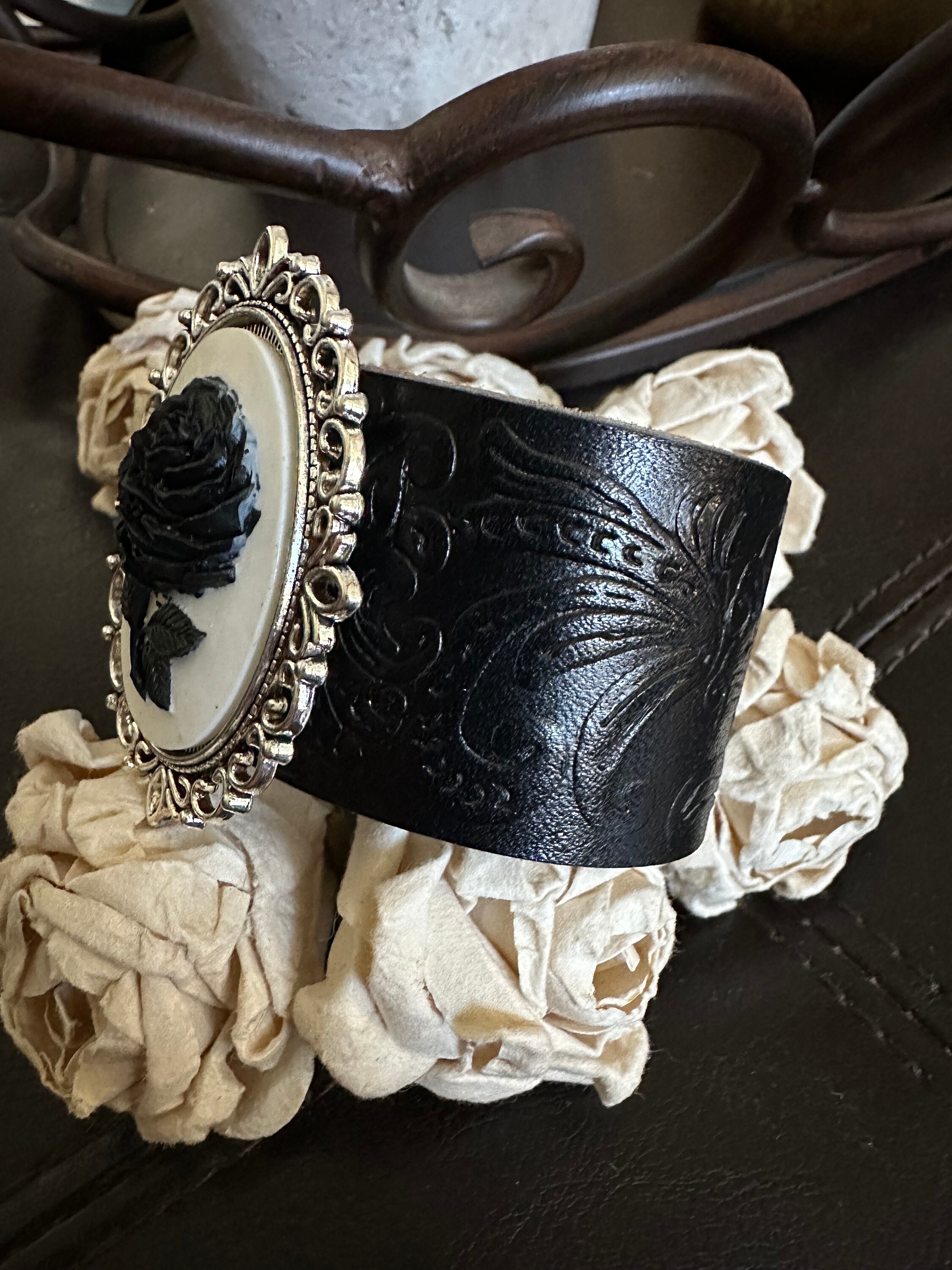 Black Rose Cameo Leather Cuff Bracelet, Gothic Floral 