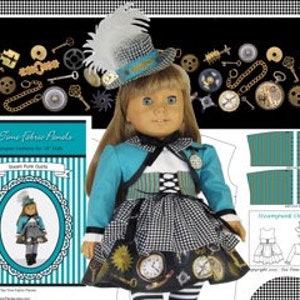 18 inch "Steampunk Outfit" Kit To Sew - Teal - Fits 18 inch Doll Shown & Similar 18" Dolls - 2 Fabric Panels+Trims+Illustrated Sewing Guide