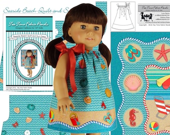 18 inch Seaside Quilt & Sundress Kit To Sew  - Fits Doll Shown and Similar 18" Doll Bodies - Fabric Panel+Trims+Sewing and Quilting Guide