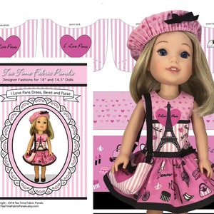 "14 inch ""I Love Paris"" Kit zum nähen - Kleid+Tasche+Beret - passend für die abgebildete Puppe & ähnliche 14" Puppen - Stoffe+Paspeln+bebilderte Nähanleitung."
