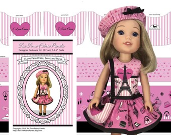 SPRING SALE! 14 inch I Love Paris Kit To Sew - Dress+Purse+Beret - Fits Doll Shown & Similar 14" Dolls - Fabric+Trims+Sewing Guide Booklet