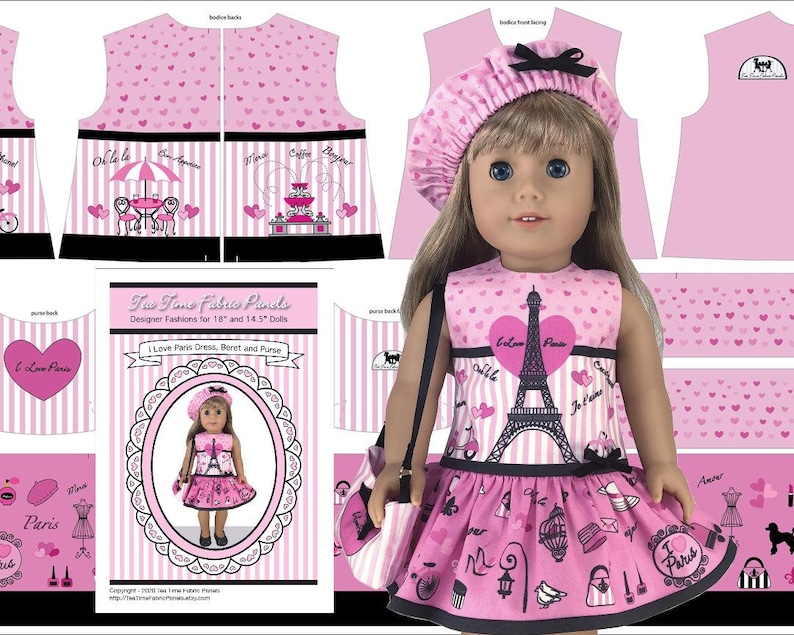 18 inch "I Love Paris" Kit To Sew - Dress+Purse+Beret - Fits Doll Shown & Similar 18" Dolls - Fabric+Trims+Illustrated Sewing Guide Booklet image 1