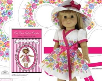 18 inch "Flirty Flower Outfit" Kit To Sew - Dress+Hat - Fits Doll Shown+Similar 18" Dolls- Fabric Panel+Trims+Illustrated Sewing Guide