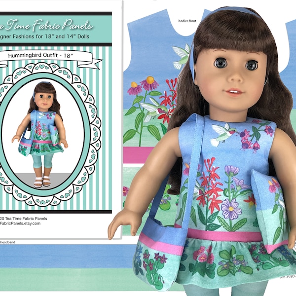 SPRING SALE! 18 inch Hummingbird Kit To Sew - Tunic+Capris+Purse -Fits Doll Shown & Similar 18 inch Bodies - Fabric Panel+Trims+Sewing Guide