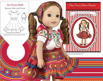 14 inch Fiesta Fun Kit To Sew - Skirt+Blouse+Purse - Fits Doll As Shown & Similar 14" or 14.5" Doll Bodies - Fabric Panel+Trims+Sewing Guide