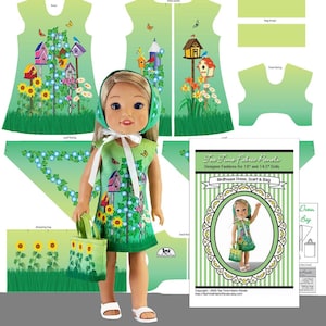 May include: A doll wearing a green dress, scarf, and carrying a matching bag. The dress features a birdhouse and floral design. The image also includes fabric panels for the dress, scarf, and bag, with the text "Tea Time Fabric Panels".