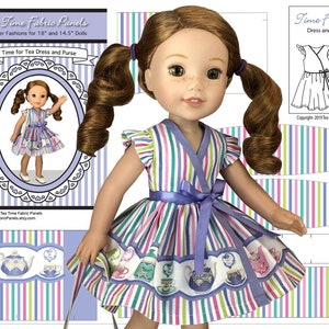 14 inch "Time For Tea!" Doll Outfit Kit to Sew - Dress & Purse Fits Doll Shown + Similar 14 inch Dolls - Fabric Panel+Trims+Sewing Guide