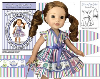 SPRING SALE! 14 inch Doll Clothes Kit to Sew - Time for Tea Dress & Purse Fits Doll Shown + Similar 14 inch Dolls - Fabric Panel+Trims+Guide