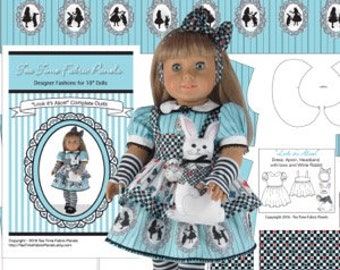 18 Inch Look It's Alice! Kit To Sew - Costume + White Rabbit - Fits Doll Shown & Similar 18" Dolls - 2 Fabric Panels+Trims+Sewing Guide