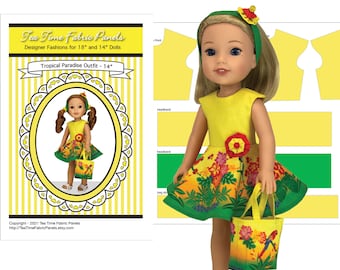 ON SALE! 25% Off! - 14 inch "Tropical Paradise" Kit To Sew - Doll Dress+Bag- Fits 14.5" Doll Shown+ Similar - Fabric Panel+Trim+Sewing Guide
