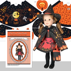 GET 20% OFF SALE! 18 inch &quot;Witch Cape + Hat&quot; Kit To Sew - Fits Doll Shown & Similar 14in Dolls - Fabric Panel + Trims + Sewing Guide