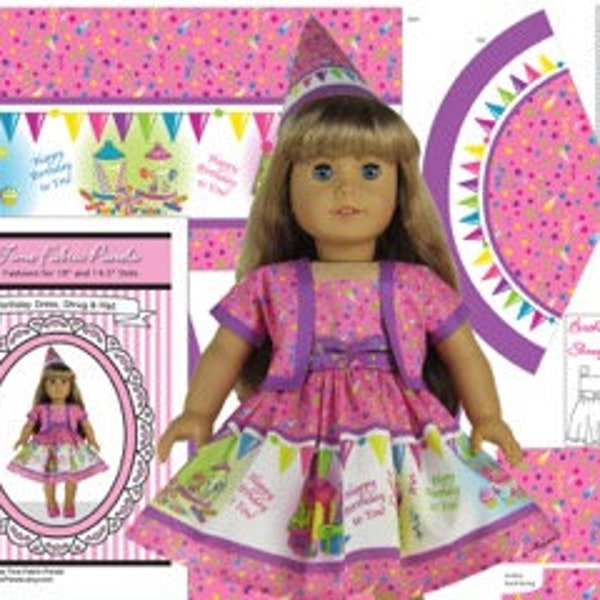 18 inch "Birthday Outfit" Kit To Sew - Pink - Fits Doll Shown & Similar 18 inch Dolls - Fabric Panel+Notions+Illustrated Sewing Guide