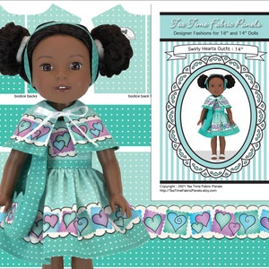 14-Zoll-Swirly-Herzen-Kit zum Nähen - Kleid + Umhang + Geldbörse + Stirnband - passend für Puppe wie abgebildet + ähnliche 14-Zoll-Puppen-Stoffbereich + Borte + Nähanleitung