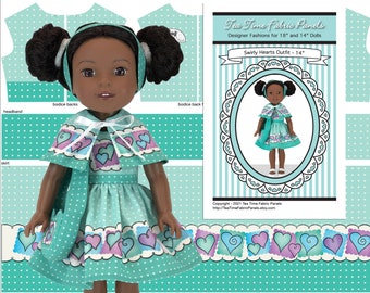SPRING SALE! 14 inch “Swirly Hearts Outfit” Kit To Sew - Fits Doll Shown + Similar 14" Dolls - Fabric Panel+Trims+Illustrated Guide Booklet