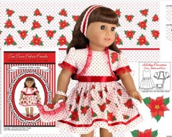 18 inch "Red Poinsettia" Kit To Sew Outfit Fits 18 inch Doll Shown and Similar Dolls - Fabric Panel-  Trim- Illustrated Sewing Guide Booklet