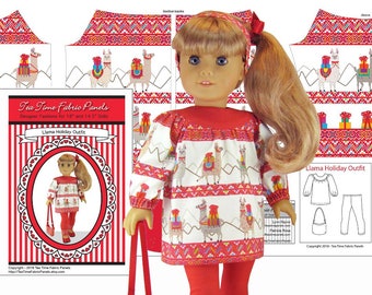 18 inch Llama Holidays Kit To Sew - Tunic+Leggings+Purse - Fits 18 inch Doll Shown and Similar Dolls- 2 Fabric Panels+Trims+Sewing Guide