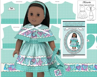 SPRING SALE! 18 inch “Swirly Hearts Outfit” Kit To Sew - Fits Doll Shown + Similar 18" Doll Bodies - Fabric Panel+Trims+Sewing Guide