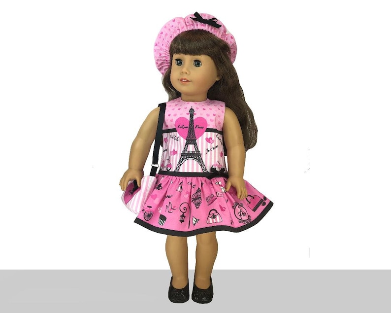 18 inch "I Love Paris" Kit To Sew - Dress+Purse+Beret - Fits Doll Shown & Similar 18" Dolls - Fabric+Trims+Illustrated Sewing Guide Booklet image 3