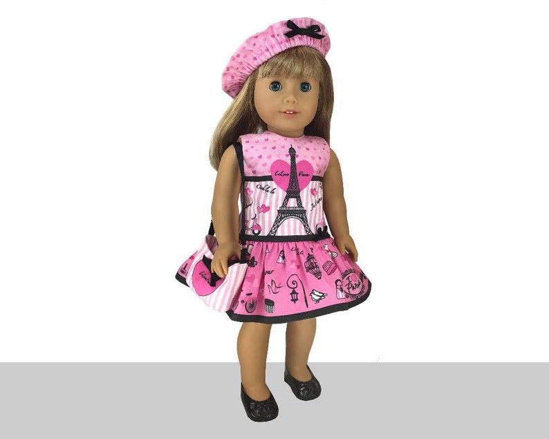 18 inch "I Love Paris" Kit To Sew - Dress+Purse+Beret - Fits Doll Shown & Similar 18" Dolls - Fabric+Trims+Illustrated Sewing Guide Booklet image 4