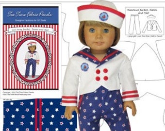 May include: A sewing pattern for a sailor outfit for an 18-inch doll. The pattern includes a jacket, pants, and hat. The fabric is white with red trim and blue with white stars.