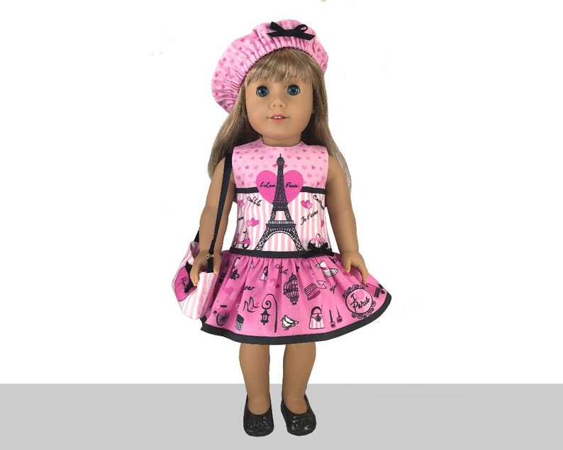 18 inch "I Love Paris" Kit To Sew - Dress+Purse+Beret - Fits Doll Shown & Similar 18" Dolls - Fabric+Trims+Illustrated Sewing Guide Booklet image 2
