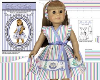 18 inch "Time for Tea" Doll Outfit Kit-To Sew - Dress+Purse - Fits Doll Shown+Similar - Fabric Panel+Trims+Illustrated Sewing Guide Booklet