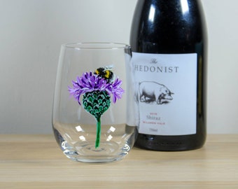 Bumblebee on a Thistle Stemless Wine Glass, Hand Painted Wine Glass, Gift for Friend, Unique Present