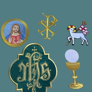 May include: Five embroidered patches with religious imagery. The patches feature a gold chi rho symbol, a gold chalice with a white host, a green patch with the letters IHS in gold, a gold lamb with a banner, and a gold circle with a depiction of Jesus.