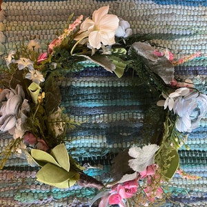 Floral wreath, headpiece, pink/blue wreath.