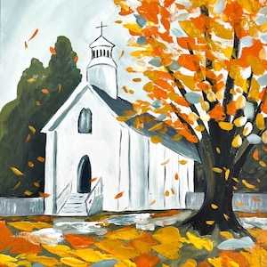 May include: An acrylic painting of a white church with a steeple and cross, set against a backdrop of dark green trees. A large tree with vibrant orange and yellow autumn leaves stands in the foreground, with fallen leaves scattered on the ground.