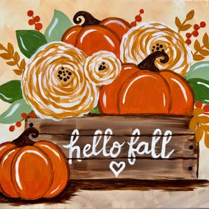 May include: A painting of a brown wooden crate with the white text hello fall and a heart symbol. The crate is filled with orange pumpkins, white flowers, green leaves, and red berries, with an additional orange pumpkin sitting in front.