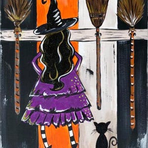 May include: A painting featuring a figure in a purple ruffled dress and black witch hat standing before three brown brooms. A small black cat sits to the right. The background consists of vertical black, orange, and white stripes.
