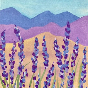 May include: An acrylic painting on canvas depicting a field of purple lavender stalks in the foreground. The background features rolling hills in shades of purple and blue under a light blue sky. The lavender flowers are rendered in shades of violet.