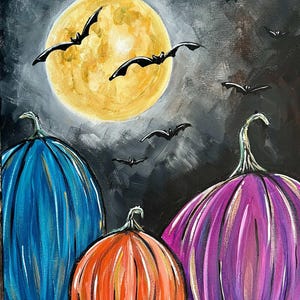 May include: A painting featuring three pumpkins in blue, orange, and purple against a dark, cloudy night sky. A large, glowing yellow full moon hangs in the background, with several black silhouettes of bats flying across the scene.