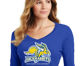 Womens South Dakota State Tshirt | Jackrabbits Logo | SDSU Jackrabbits Womens Long Sleeve V-neck Shirt | SDSU Boutique Apparel | SDSU Merch