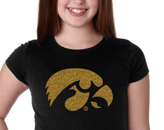 Iowa Hawkeyes Girls T-Shirt | Glitter Gold Tigerhawk | Youth Size Iowa Tee Iowa Hawks Youth Apparel Hawkeye Gear with Iowa Hawks girl tshirt