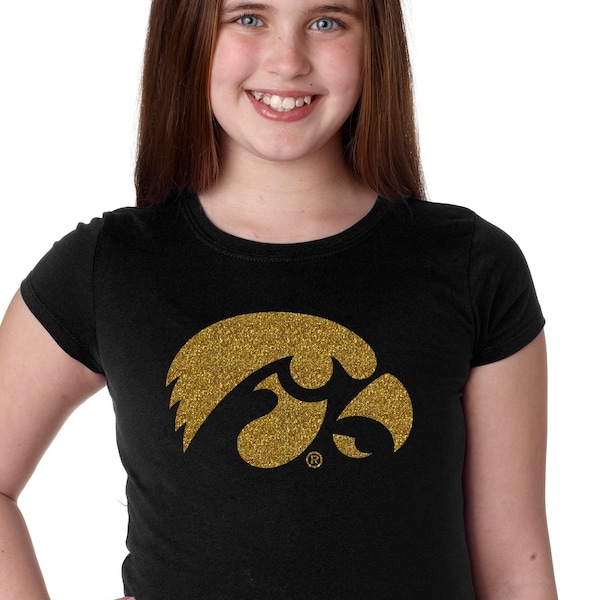 Iowa Hawkeyes Girls T-Shirt | Glitter Gold Tigerhawk | Youth Size Iowa Tee Iowa Hawks Youth Apparel Hawkeye Gear with Iowa Hawks girl tshirt