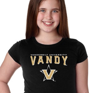 May include: Black short-sleeved t-shirt with a gold star and the text "VANDERBILT UNIVERSITY VANDY" on the front.
