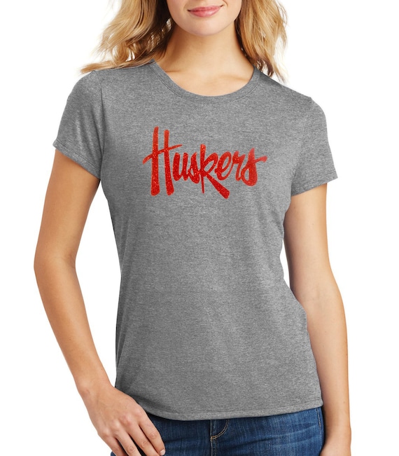 Women s Nebraska Legacy Script Huskers Glitter Tee Nebraska Womens