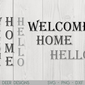 Puede incluir: Diseño gráfico en blanco y negro con las palabras "Welcome Home Hello" dispuestas en un patrón vertical y horizontal. Las palabras están en una fuente estilizada.