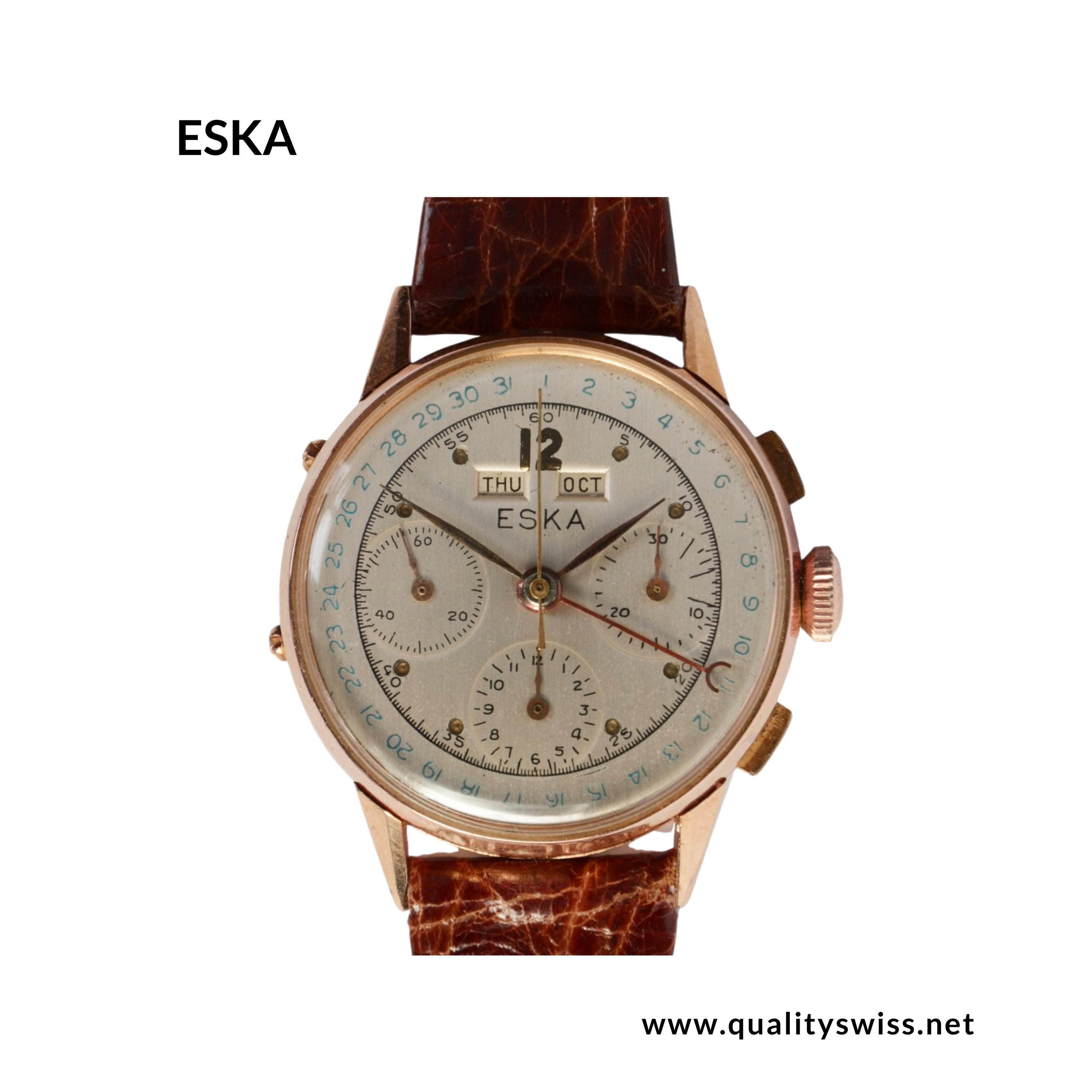 ESKA 18K Solid Gold Valjoux 72C Triple Calendar Quantième Chronograph Wristwatch, Swiss 1940s
