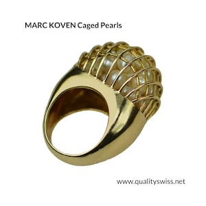 Marc Koven Designer Mid Century Modern "Sculpture-to-Wear" Gold & Pearl Cage Ring, 1960