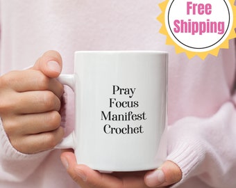 Crochet Mug,  Fun Crochet Mug, Manifest, Law of Attraction, Coffee Cup,  Tea Mug, Crochet Gift,  Crochet Gift Idea, Mother's Day Gift, Pray