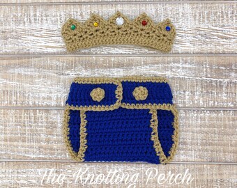 Conjunto de príncipe recién nacido a crochet: corona azul y dorada